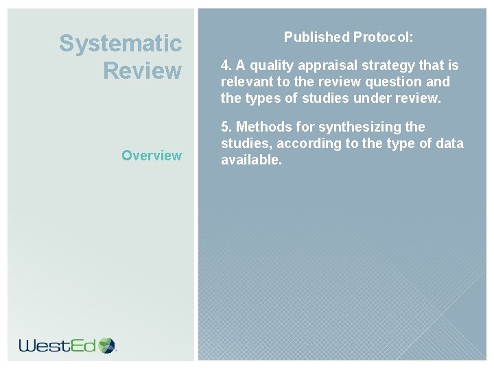 Systematic Review Overview Published Protocol: 4. A quality appraisal strategy that is relevant to