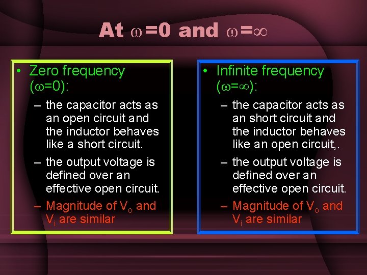 At =0 and = • Zero frequency ( =0): – the capacitor acts as At =0 and = • Zero frequency ( =0): – the capacitor acts as