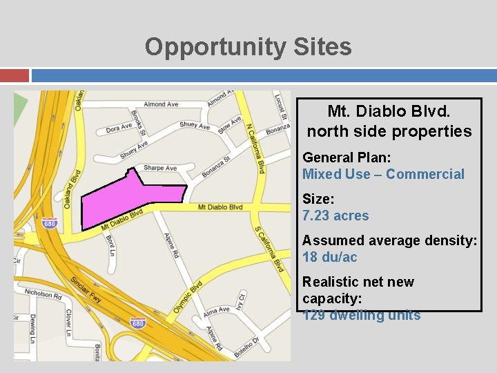 Opportunity Sites Mt. Diablo Blvd. north side properties General Plan: Mixed Use – Commercial