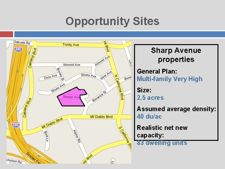 Opportunity Sites Sharp Avenue properties General Plan: Multi-family Very High Size: 2. 5 acres