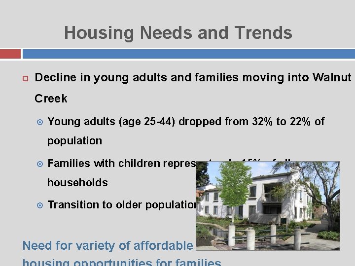 Housing Needs and Trends Decline in young adults and families moving into Walnut Creek