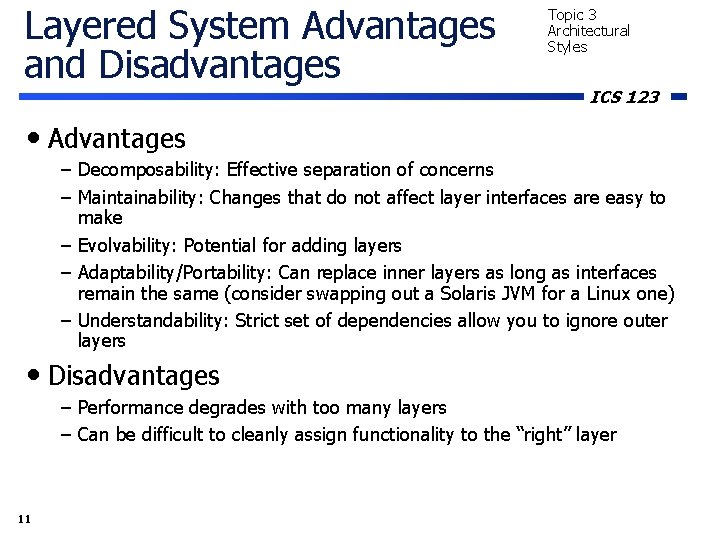 Layered System Advantages and Disadvantages Topic 3 Architectural Styles ICS 123 • Advantages – Layered System Advantages and Disadvantages Topic 3 Architectural Styles ICS 123 • Advantages –