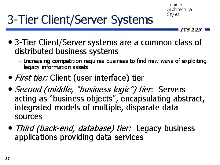 3 -Tier Client/Server Systems Topic 3 Architectural Styles ICS 123 • 3 -Tier Client/Server 3 -Tier Client/Server Systems Topic 3 Architectural Styles ICS 123 • 3 -Tier Client/Server