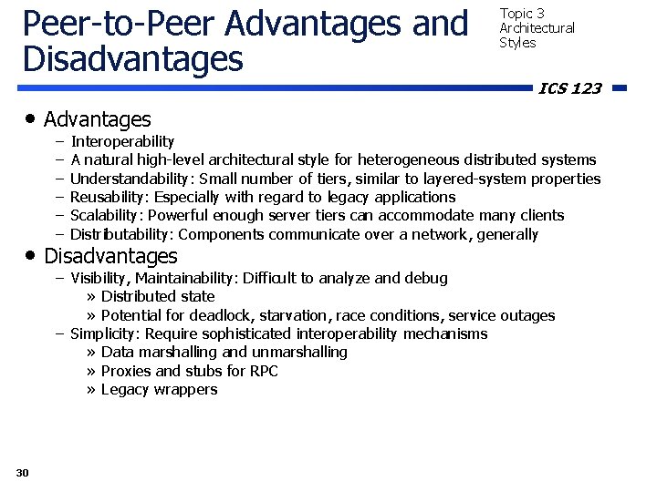 Peer-to-Peer Advantages and Disadvantages Topic 3 Architectural Styles ICS 123 • Advantages – – Peer-to-Peer Advantages and Disadvantages Topic 3 Architectural Styles ICS 123 • Advantages – –