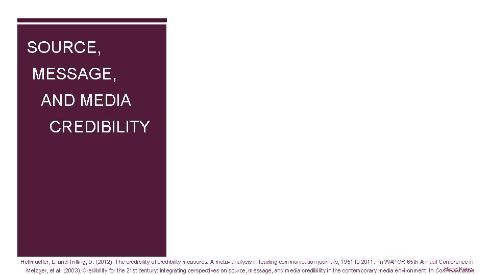 SOURCE, MESSAGE, AND MEDIA CREDIBILITY Hellmueller, L. and Trilling, D. (2012). The credibility of