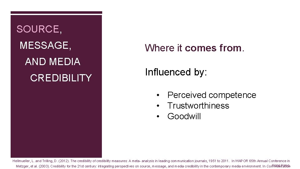 SOURCE, MESSAGE, AND MEDIA CREDIBILITY Where it comes from. Influenced by: • Perceived competence