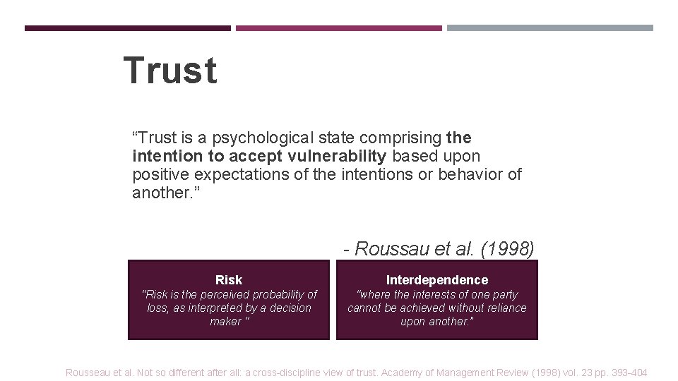 Trust “Trust is a psychological state comprising the intention to accept vulnerability based upon