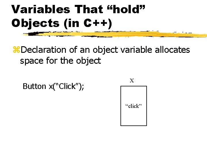 Variables That “hold” Objects (in C++) z. Declaration of an object variable allocates space