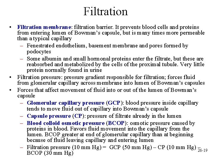 Filtration • Filtration membrane: filtration barrier. It prevents blood cells and proteins from entering