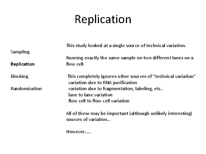 Replication Sampling Replication Blocking Randomization This study looked at a single source of technical