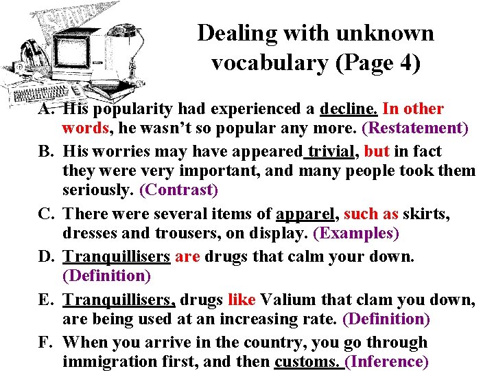 Dealing with unknown vocabulary (Page 4) A. His popularity had experienced a decline. In