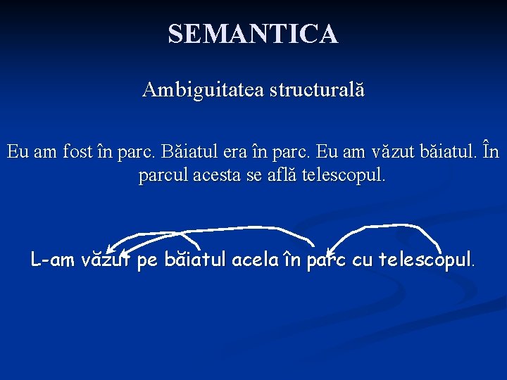 SEMANTICA Ambiguitatea structurală Eu am fost în parc. Băiatul era în parc. Eu am