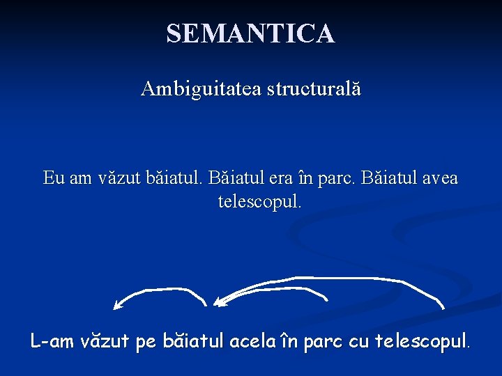 SEMANTICA Ambiguitatea structurală Eu am văzut băiatul. Băiatul era în parc. Băiatul avea telescopul.