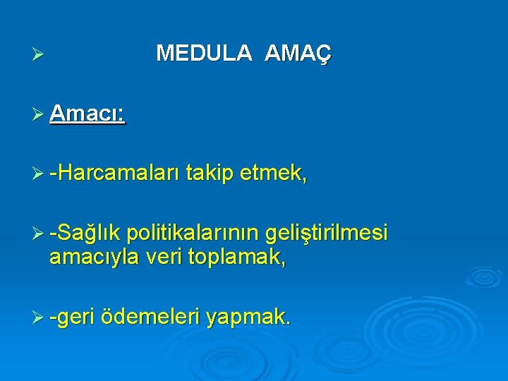 MEDULA AMAÇ Ø Ø Amacı: Ø -Harcamaları takip etmek, Ø -Sağlık politikalarının geliştirilmesi amacıyla