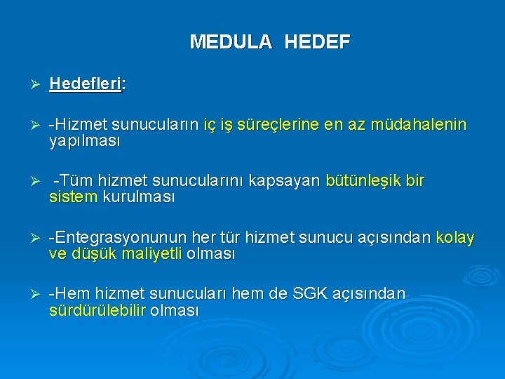 MEDULA HEDEF Ø Hedefleri: Ø -Hizmet sunucuların iç iş süreçlerine en az müdahalenin yapılması