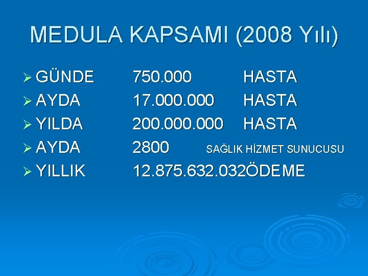 MEDULA KAPSAMI (2008 Yılı) Ø GÜNDE Ø AYDA Ø YILDA Ø AYDA Ø YILLIK