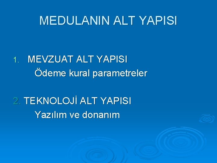 MEDULANIN ALT YAPISI 1. MEVZUAT ALT YAPISI Ödeme kural parametreler 2. TEKNOLOJİ ALT YAPISI