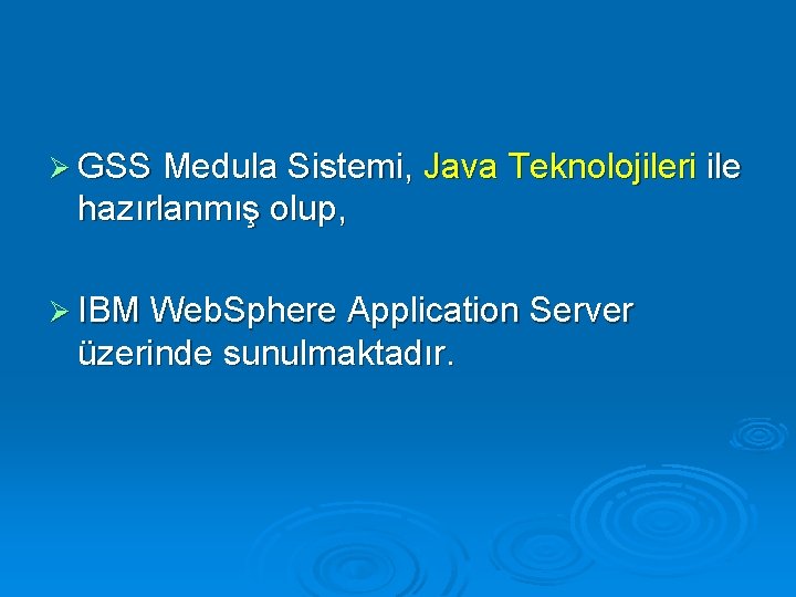 Ø GSS Medula Sistemi, Java Teknolojileri ile hazırlanmış olup, Ø IBM Web. Sphere Application