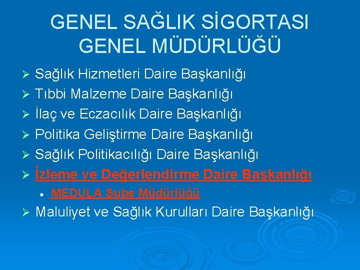 GENEL SAĞLIK SİGORTASI GENEL MÜDÜRLÜĞÜ Ø Ø Ø Sağlık Hizmetleri Daire Başkanlığı Tıbbi Malzeme