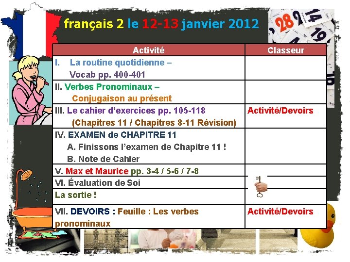 français 2 le 12 -13 janvier 2012 Activité I. La routine quotidienne – Vocab