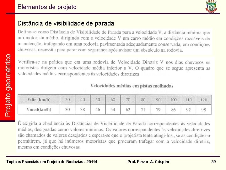 Elementos de projeto Projeto geométrico Distância de visibilidade de parada Tópicos Especiais em Projeto