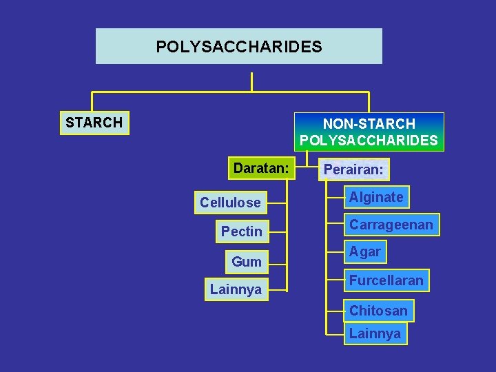 POLYSACCHARIDES STARCH NON-STARCH POLYSACCHARIDES Daratan: Cellulose Pectin Gum Lainnya Perairan: Alginate Carrageenan Agar Furcellaran
