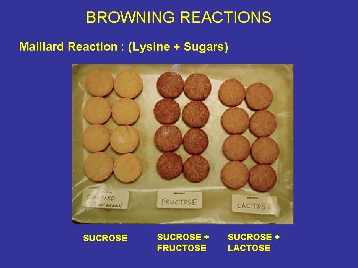BROWNING REACTIONS Maillard Reaction : (Lysine + Sugars) SUCROSE + FRUCTOSE SUCROSE + LACTOSE