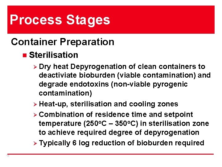 Process Stages Container Preparation n Sterilisation Ø Dry heat Depyrogenation of clean containers to