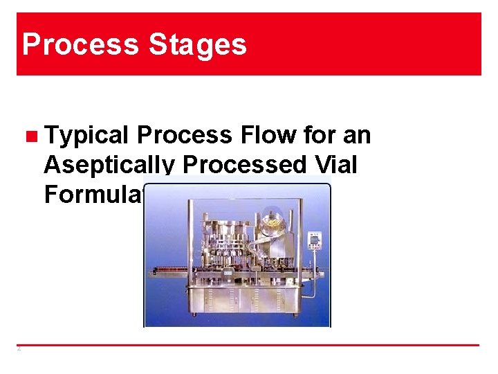 Process Stages n Typical Process Flow for an Aseptically Processed Vial Formulation 2 