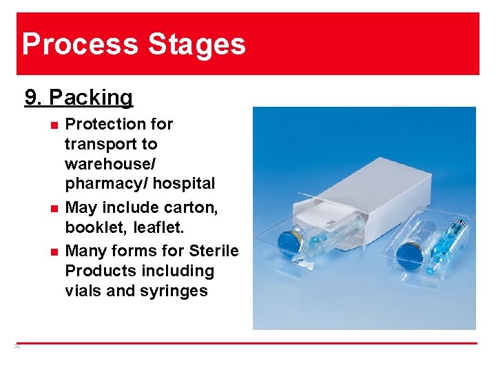 Process Stages 9. Packing n n n 36 Protection for transport to warehouse/ pharmacy/