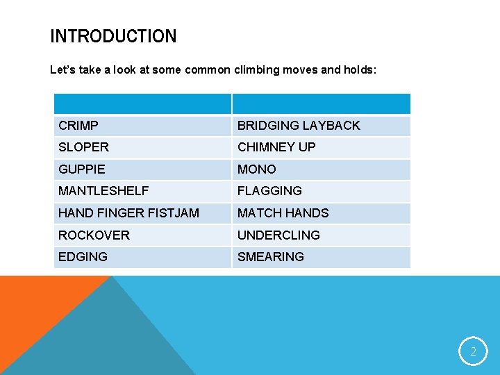 INTRODUCTION Let’s take a look at some common climbing moves and holds: CRIMP BRIDGING