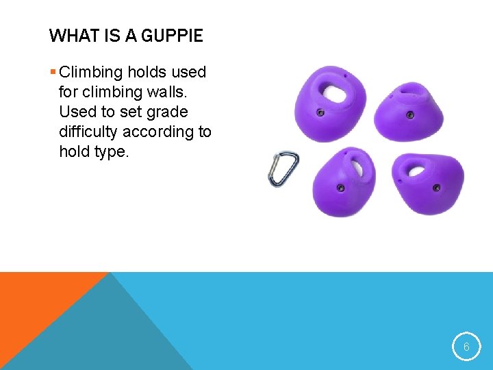 WHAT IS A GUPPIE § Climbing holds used for climbing walls. Used to set