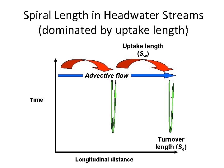 Spiral Length in Headwater Streams (dominated by uptake length) Uptake length (Sw) Advective flow