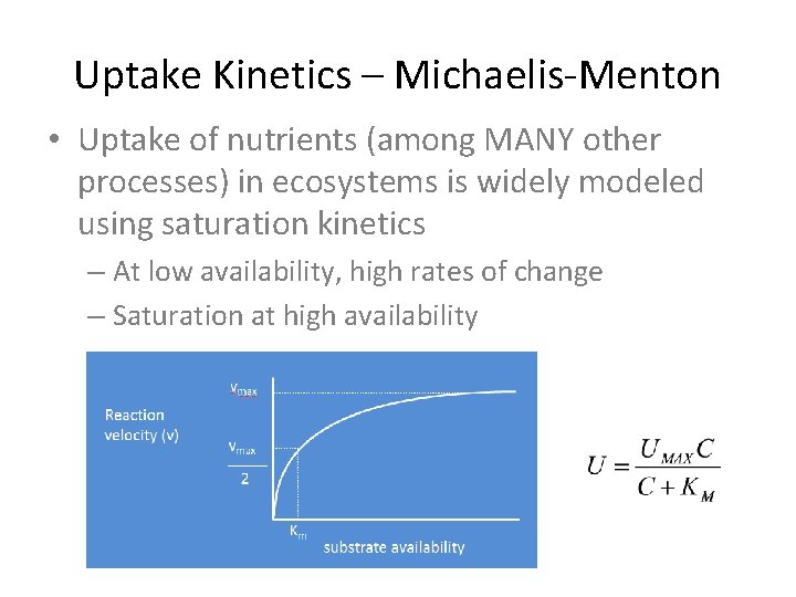 Uptake Kinetics – Michaelis-Menton • Uptake of nutrients (among MANY other processes) in ecosystems