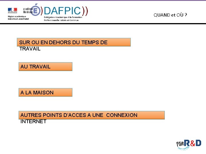  QUAND et OÙ ? SUR OU EN DEHORS DU TEMPS DE TRAVAIL AU