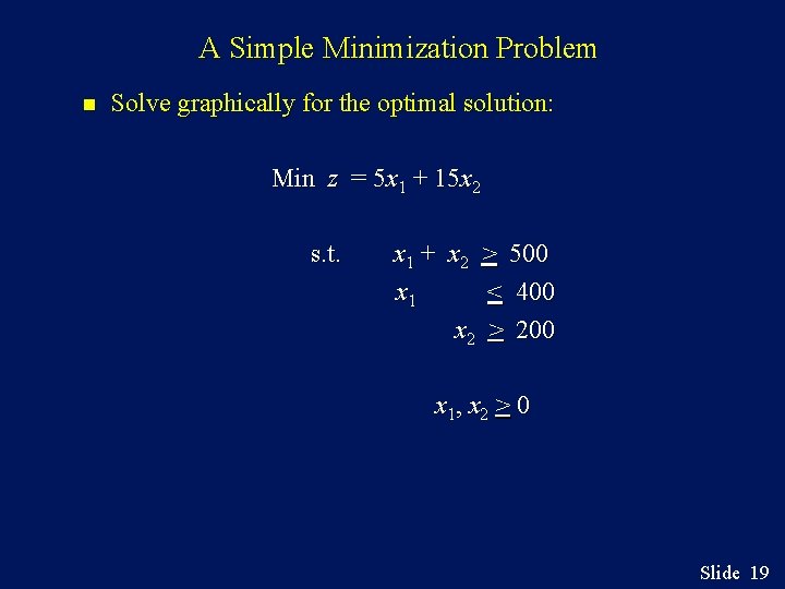 A Simple Minimization Problem n Solve graphically for the optimal solution: Min z =