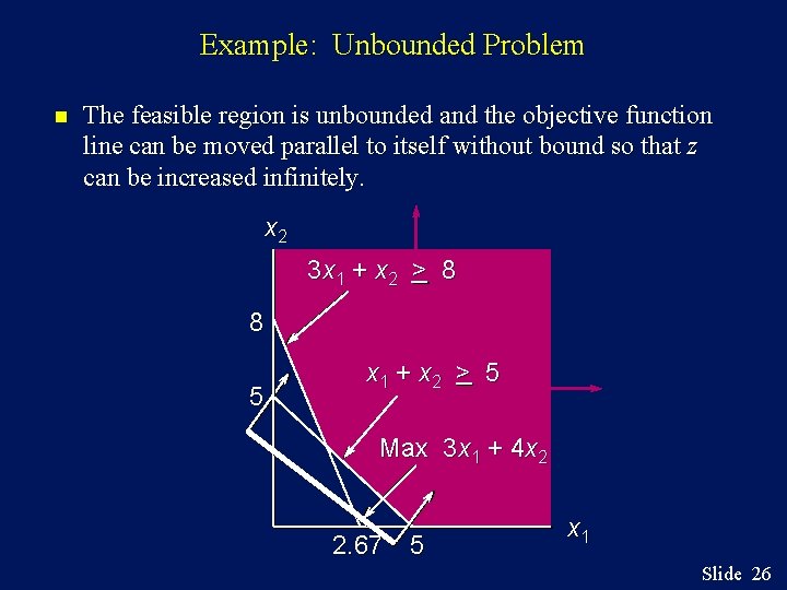 Example: Unbounded Problem n The feasible region is unbounded and the objective function line