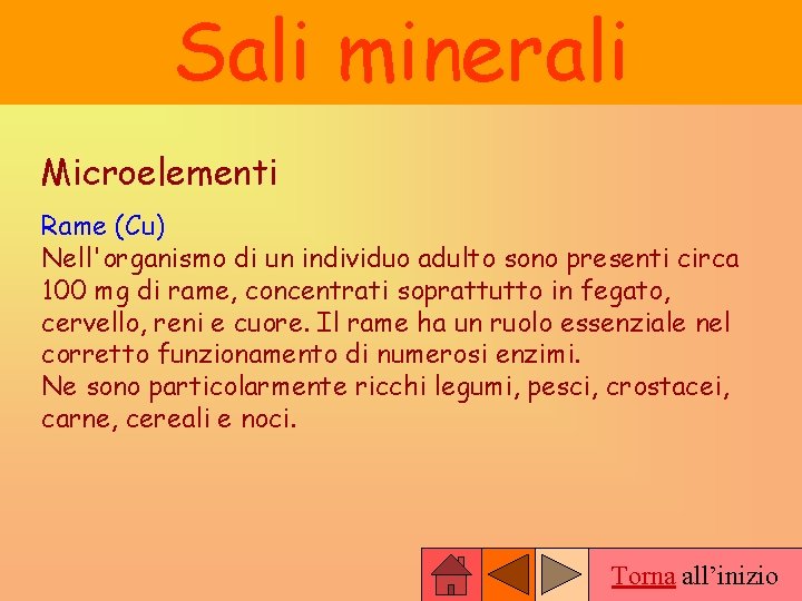 Sali minerali Microelementi Rame (Cu) Nell'organismo di un individuo adulto sono presenti circa 100