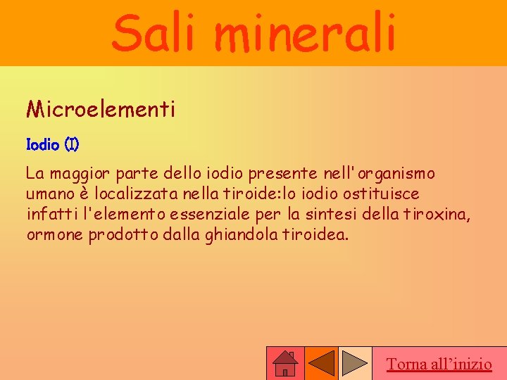 Sali minerali Microelementi Iodio (I) La maggior parte dello iodio presente nell'organismo umano è