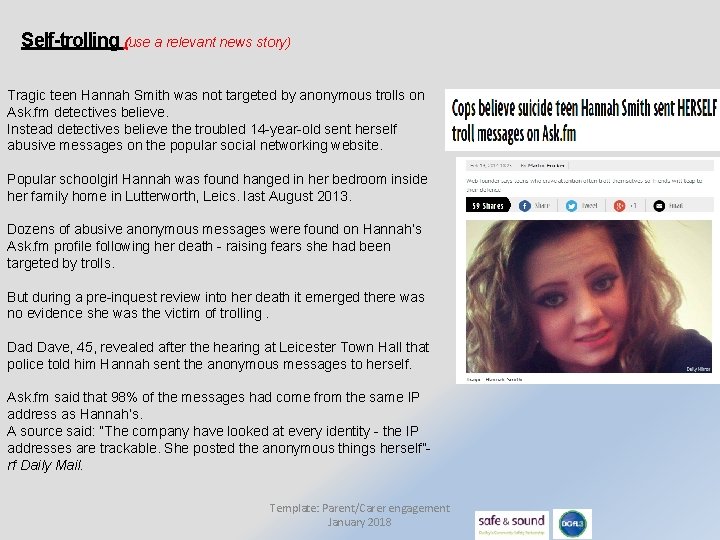 Self-trolling (use a relevant news story) Tragic teen Hannah Smith was not targeted by