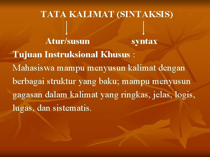 TATA KALIMAT (SINTAKSIS) Atur/susun syntax Tujuan Instruksional Khusus : Mahasiswa mampu menyusun kalimat dengan