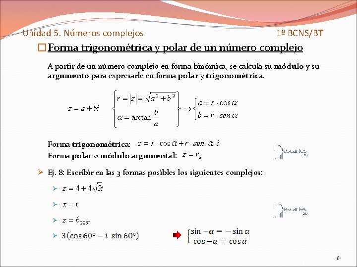 Unidad 5. Números complejos 1º BCNS/BT �Forma trigonométrica y polar de un número complejo