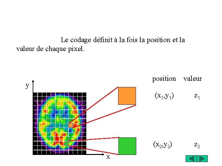 Le codage définit à la fois la position et la valeur de chaque pixel.