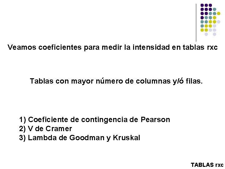 Veamos coeficientes para medir la intensidad en tablas rxc Tablas con mayor número de