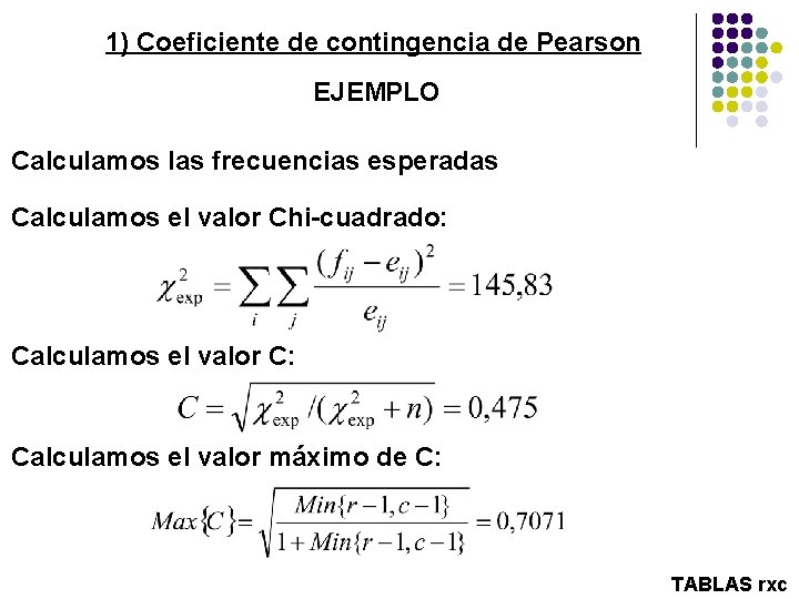 1) Coeficiente de contingencia de Pearson EJEMPLO Calculamos las frecuencias esperadas Calculamos el valor