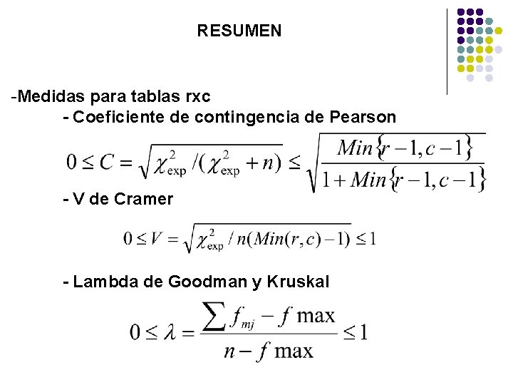 RESUMEN -Medidas para tablas rxc - Coeficiente de contingencia de Pearson - V de