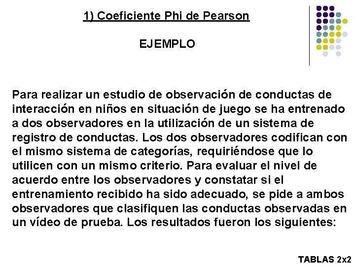 1) Coeficiente Phi de Pearson EJEMPLO Para realizar un estudio de observación de conductas
