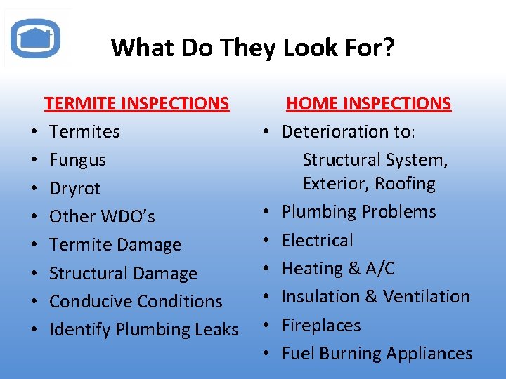 What Do They Look For? • • TERMITE INSPECTIONS Termites Fungus Dryrot Other WDO’s
