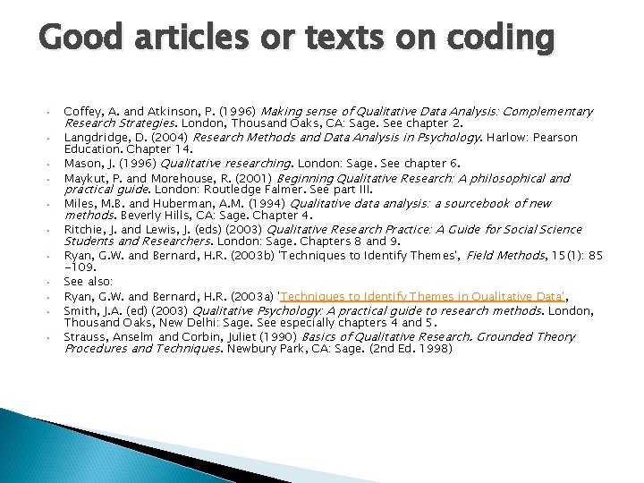 Good articles or texts on coding • • • Coffey, A. and Atkinson, P. Good articles or texts on coding • • • Coffey, A. and Atkinson, P.