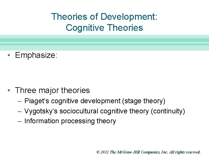 Slide 12 Theories of Development: Cognitive Theories • Emphasize: • Three major theories –